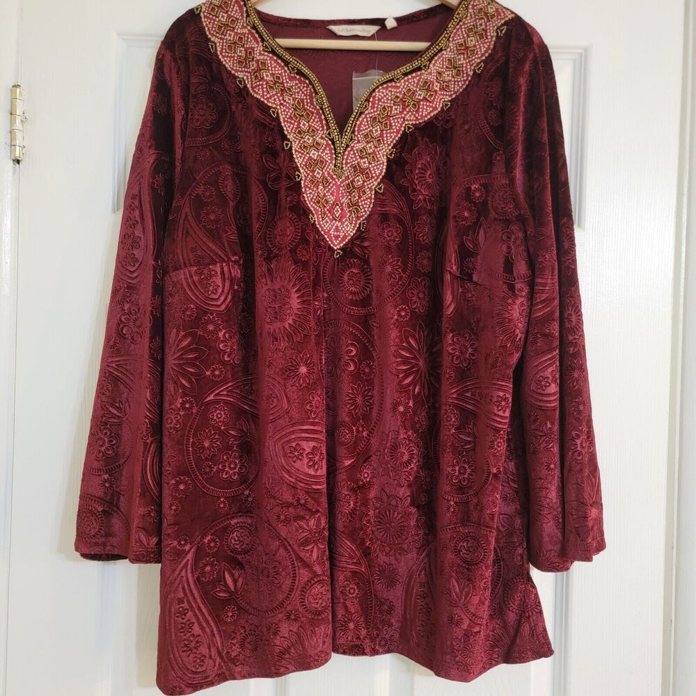 NWOT Soft Surroundings Red‎ Wine Floral Burnout Velvet Vermilion Beaded Tunic XL